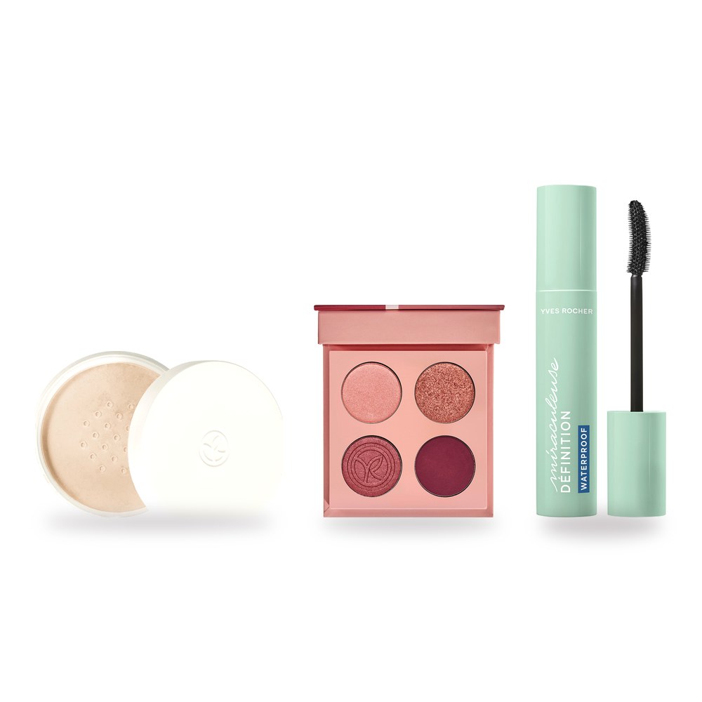 Kit Look de ojos: Polvo Traslúcido Universal, Paleta de Sombras para Ojos Nuances de Rose, Mascara Para Pestañas Definicion Waterproof Noir